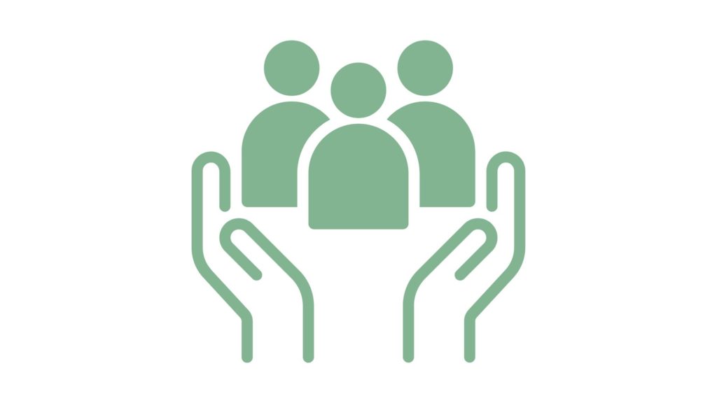 Illustration d'une communauté solidaire avec des icônes représentant des entrepreneurs soutenus par des mains protectrices, symbolisant l'accompagnement et le soutien dans la gestion des finances personnelles.
