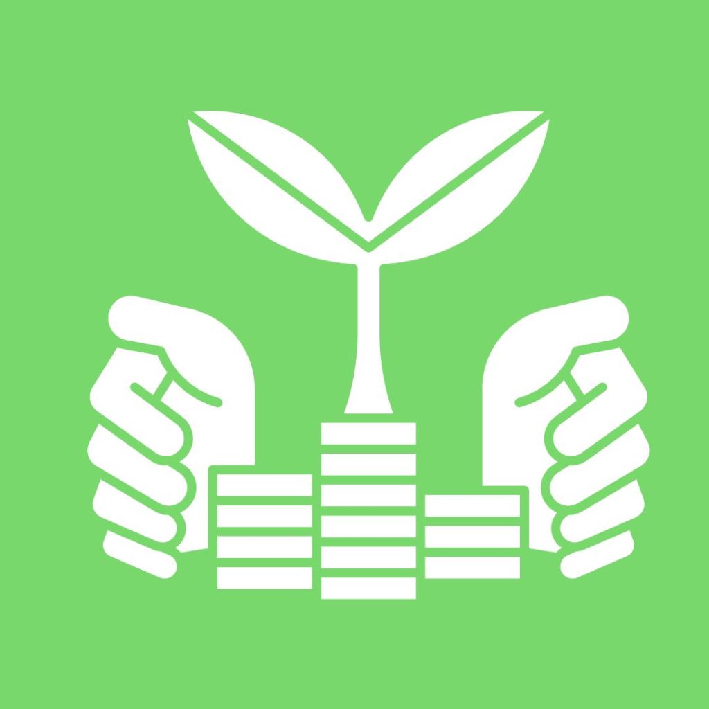 Icône de mains entourant une plante poussant sur des pièces de monnaie – symbolisant la croissance financière et la création de richesse avec De la finance.